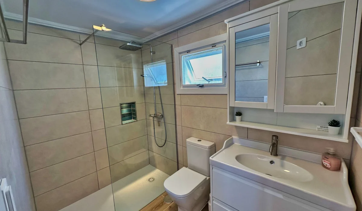 Newly renovated bathroom with walk-in shower and mirror cabinet