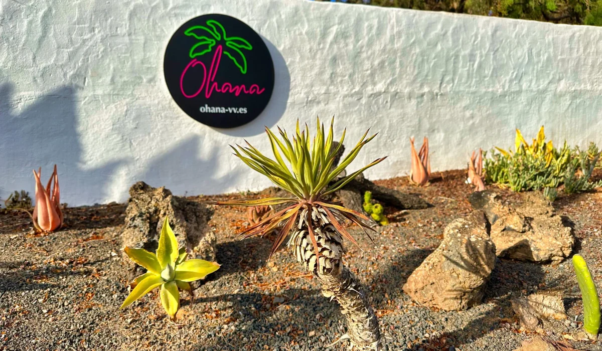 Entrance of Villa Ohana with logo and cactus garden