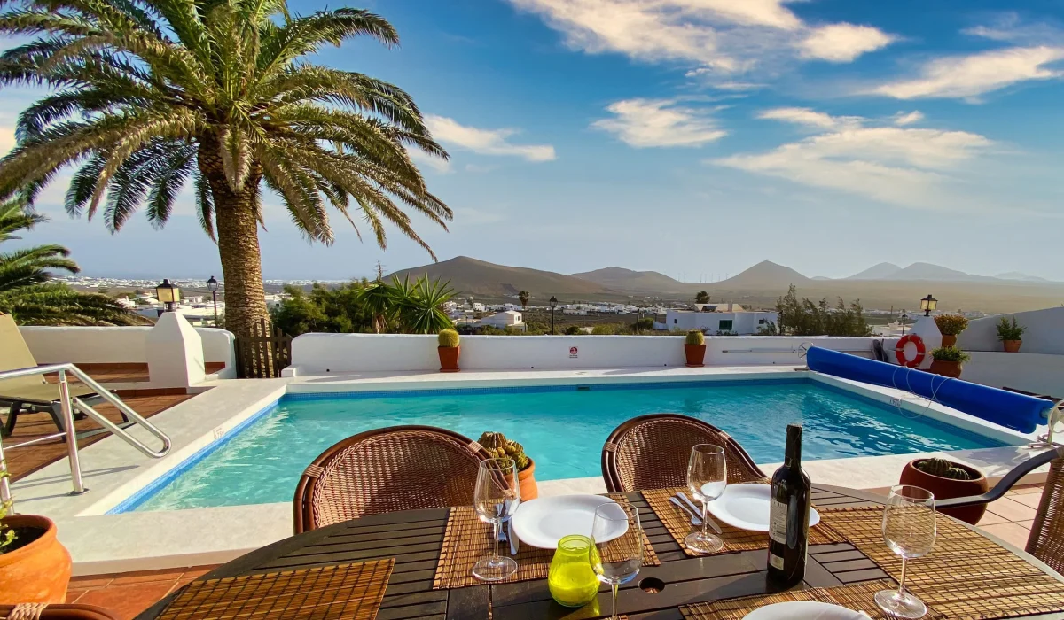 Heated pool with palm tree and view of the volcanic mountains