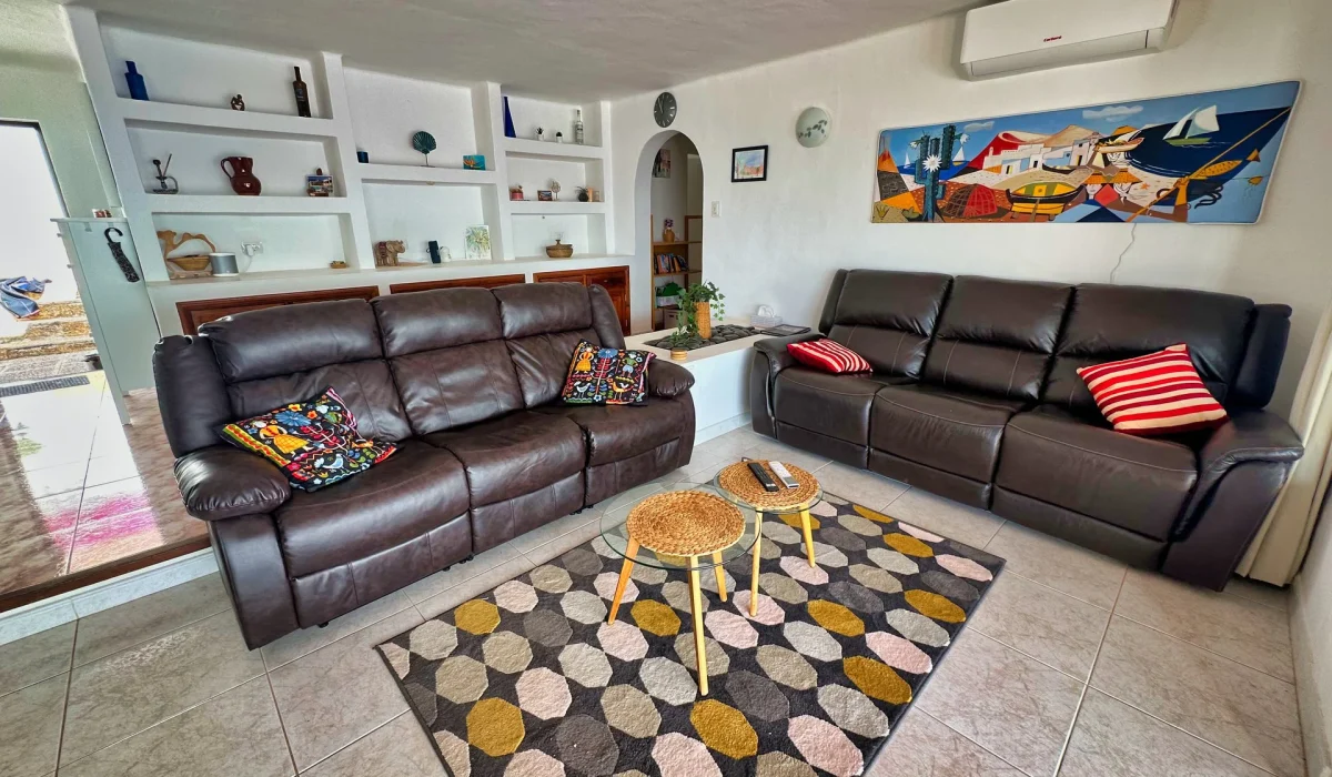 Living lounge with two leather sofas, shelving and air conditioning